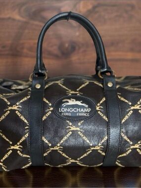 Longchamp Black Leather-Trim Shoulder Duffel with Gold Chain Print